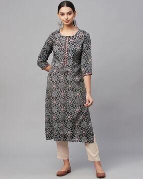 floral print straight kurta suit set