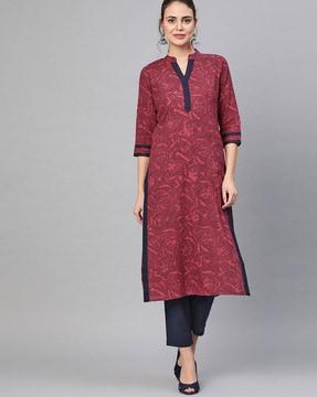 floral print straight kurta suit set