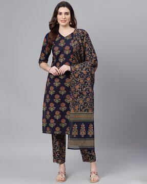 floral print straight kurta suit set