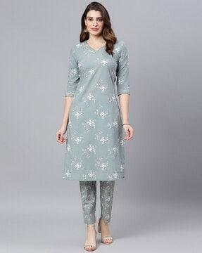 floral print straight kurta suit set