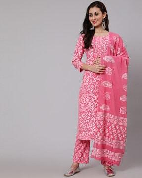 floral print straight kurta suit set