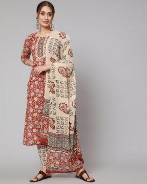 floral print straight kurta suit set