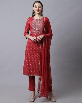 floral print straight kurta suit set