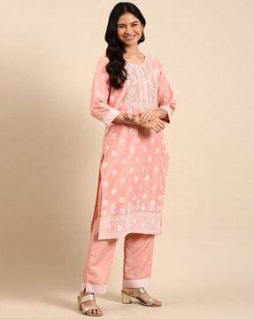 floral print straight kurta suit set