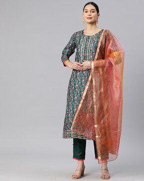 floral print straight kurta suit set