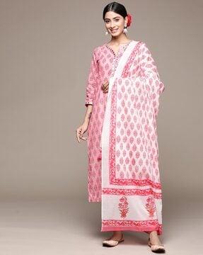 floral print straight kurta suit set