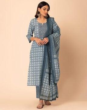 floral print straight kurta suit set