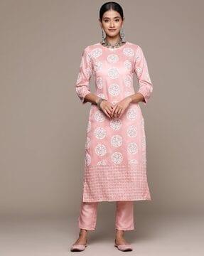 floral print straight kurta suit set