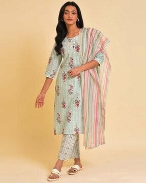 floral print straight kurta suit set