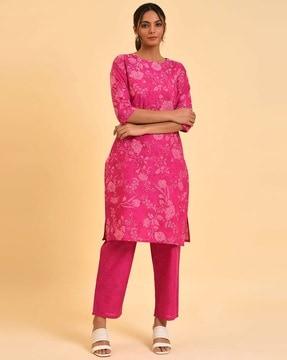 floral print straight kurta suit set