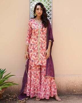 floral print straight kurta suit set