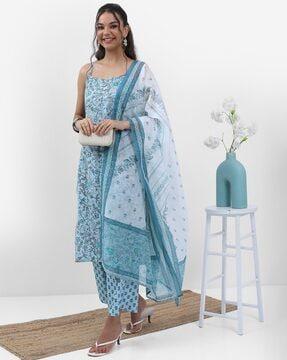 floral print straight kurta suit set