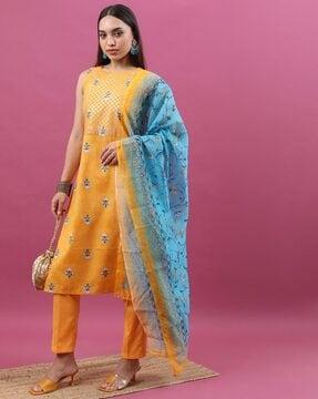 floral print straight kurta suit set