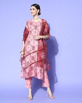 floral print straight kurta suit set