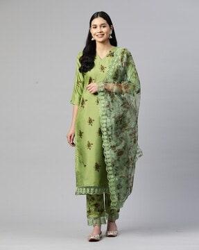 floral print straight kurta suit set