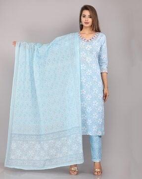 floral print straight kurta suit set