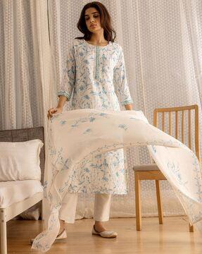 floral print straight kurta suit set