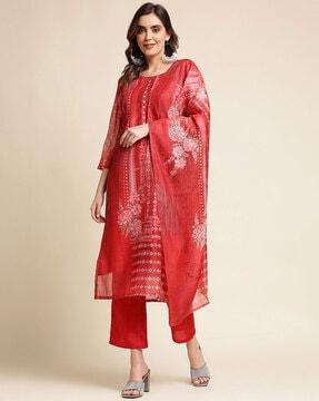 floral print straight kurta suit set