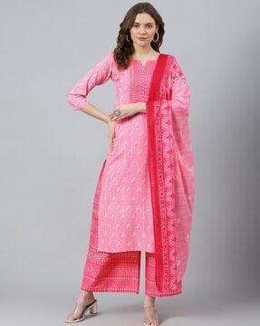 floral print straight kurta suit set