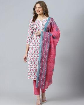 floral print straight kurta suit set