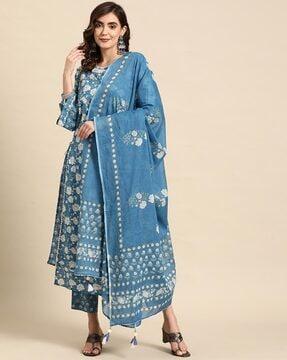 floral print straight kurta suit set