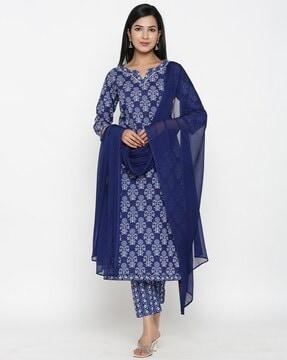 floral print straight kurta suit set