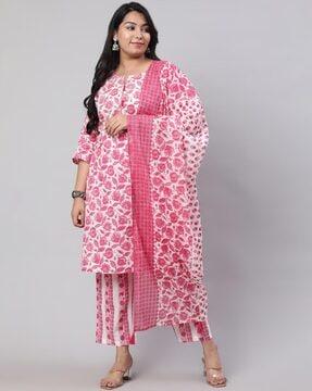 floral print straight kurta suit set