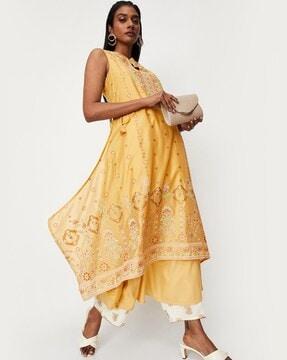 floral print straight kurta with asymmetric layered