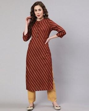 floral print straight kurta with band collar