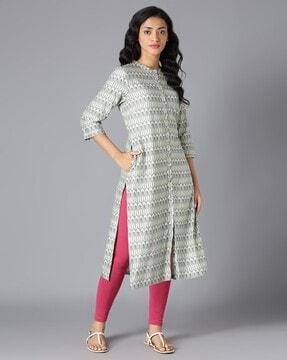 floral print straight kurta with band collar