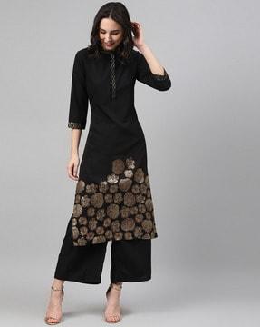 floral print straight kurta with band collar