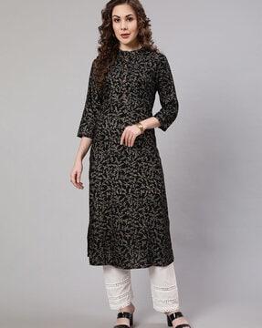 floral print straight kurta with band collar