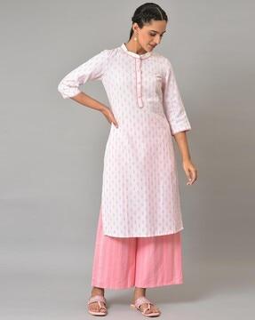 floral print straight kurta with band collar