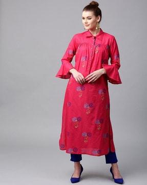 floral print straight kurta with bell sleeves