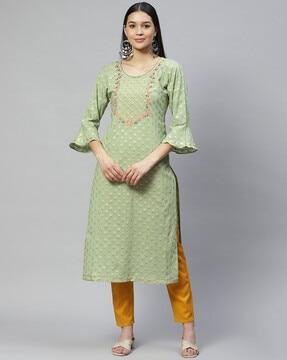 floral print straight kurta with bell sleeves