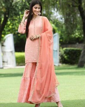 floral print straight kurta with bottom & dupatta