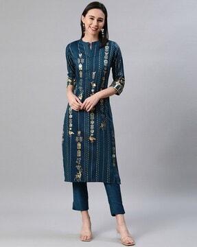 floral print straight kurta with bottomwear set