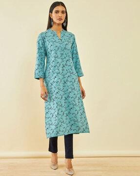 floral print straight kurta with bracelet sleeves