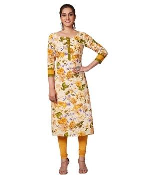 floral print straight kurta with buttons accent