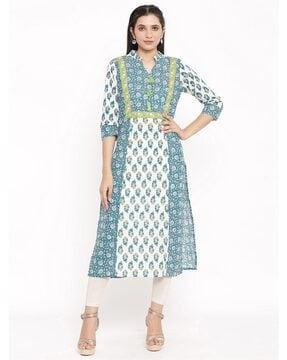 floral print straight kurta with collar neck