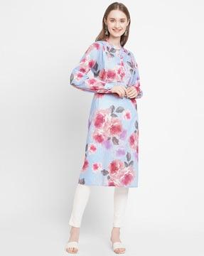 floral print straight kurta with cuffed sleeves
