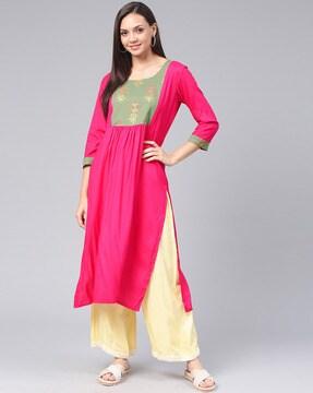 floral print straight kurta with embellished