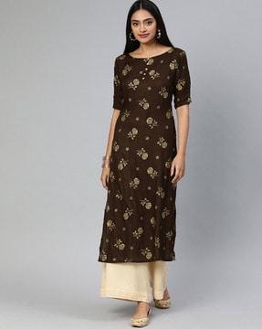 floral print straight kurta with embellished