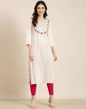 floral print straight kurta with embroidered yoke