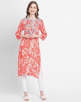 floral print straight kurta with embroidery