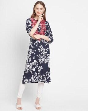 floral print straight kurta with embroidery