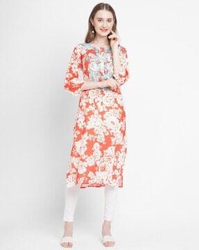 floral print straight kurta with embroidery