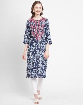 floral print straight kurta with embroidery