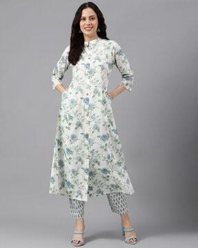 floral print straight kurta with insert pockets