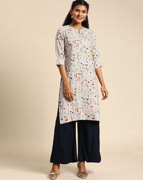 floral print straight kurta with keyhole neckline